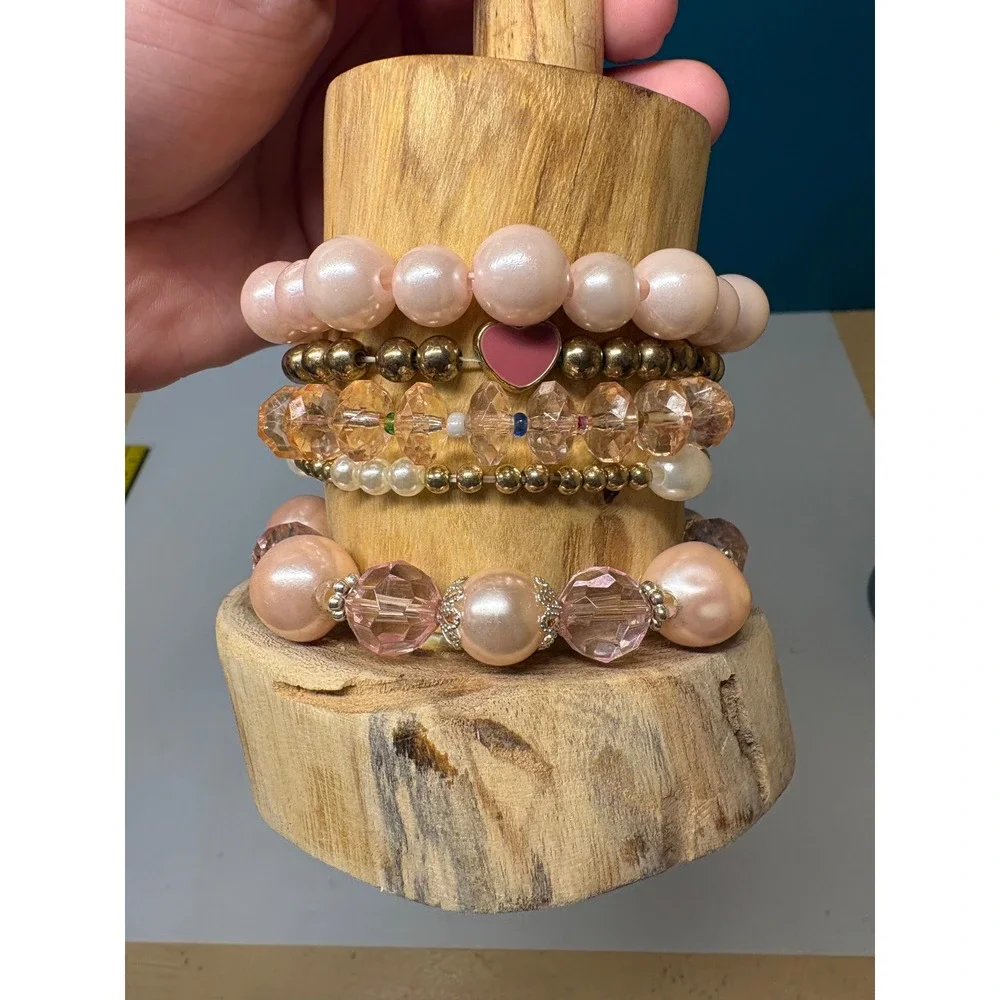 Pink Faux Pearl and Crystal Beaded Stretch Bracelet Set Gold Tone Heart 5 Piece